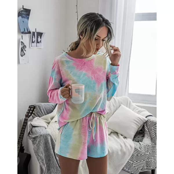 PRETTYGARDEN Womens Tie Dye Printed Pajamas Set Casual Long Sleeve Tops with Lounge Shorts Two Piece SleepwearMulticolor