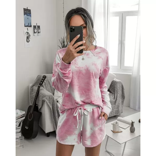 PRETTYGARDEN Womens Tie Dye Printed Pajamas Set Casual Long Sleeve Tops with Lounge Shorts Two Piece SleepwearPink