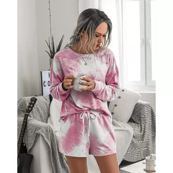 PRETTYGARDEN Womens Tie Dye Printed Pajamas Set Casual Long Sleeve Tops with Lounge Shorts Two Piece SleepwearPink