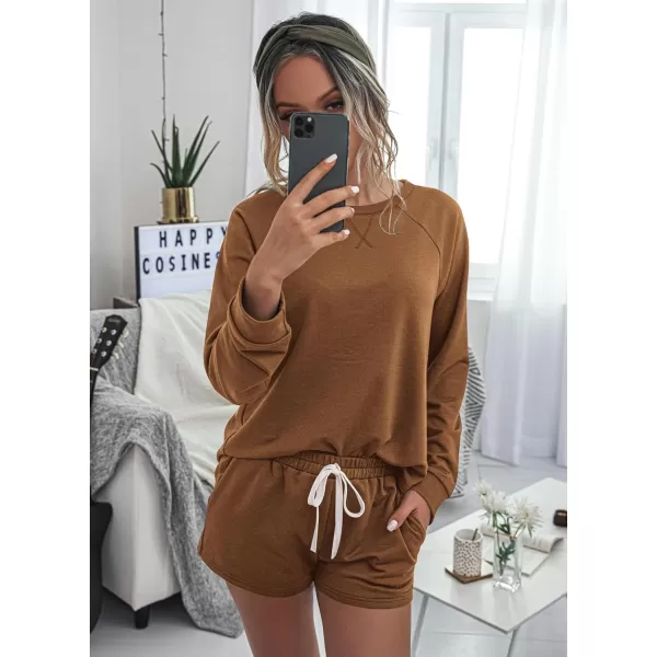 PRETTYGARDEN Womens Tie Dye Printed Pajamas Set Casual Long Sleeve Tops with Lounge Shorts Two Piece SleepwearSolid Brown