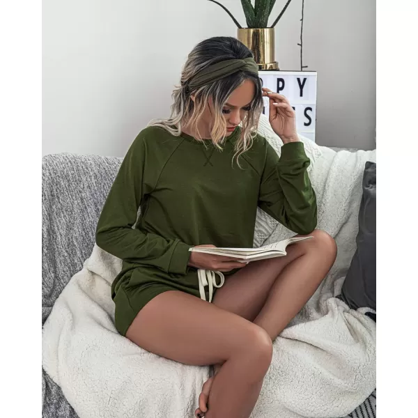 PRETTYGARDEN Womens Tie Dye Printed Pajamas Set Casual Long Sleeve Tops with Lounge Shorts Two Piece SleepwearSolid Green