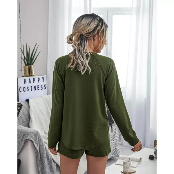 PRETTYGARDEN Womens Tie Dye Printed Pajamas Set Casual Long Sleeve Tops with Lounge Shorts Two Piece SleepwearSolid Green