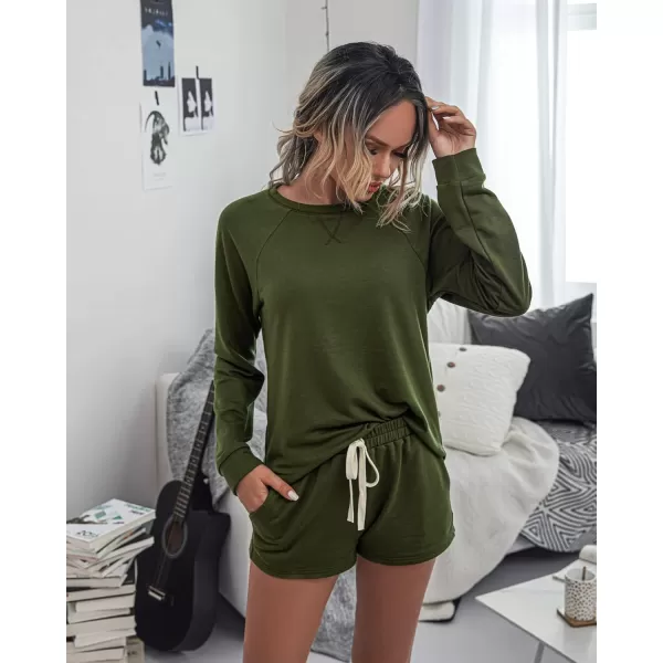 PRETTYGARDEN Womens Tie Dye Printed Pajamas Set Casual Long Sleeve Tops with Lounge Shorts Two Piece SleepwearSolid Green