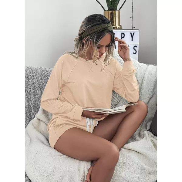 PRETTYGARDEN Womens Tie Dye Printed Pajamas Set Casual Long Sleeve Tops with Lounge Shorts Two Piece SleepwearSolid Khaki