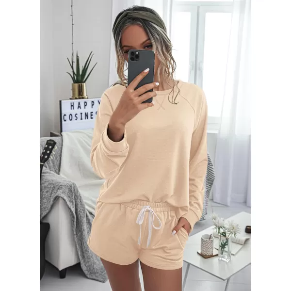 PRETTYGARDEN Womens Tie Dye Printed Pajamas Set Casual Long Sleeve Tops with Lounge Shorts Two Piece SleepwearSolid Khaki