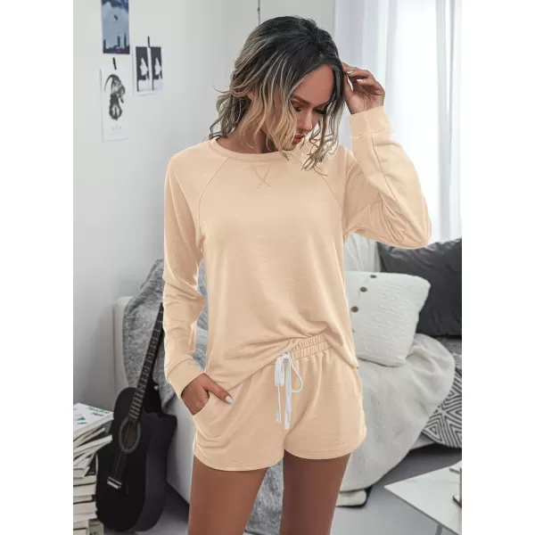 PRETTYGARDEN Womens Tie Dye Printed Pajamas Set Casual Long Sleeve Tops with Lounge Shorts Two Piece SleepwearSolid Khaki