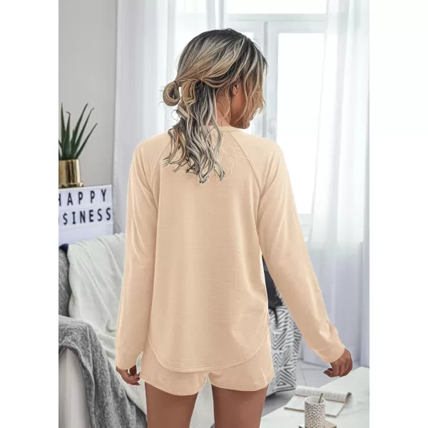 PRETTYGARDEN Womens Tie Dye Printed Pajamas Set Casual Long Sleeve Tops with Lounge Shorts Two Piece SleepwearSolid Khaki