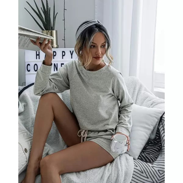 PRETTYGARDEN Womens Tie Dye Printed Pajamas Set Casual Long Sleeve Tops with Lounge Shorts Two Piece SleepwearSolid Light Grey
