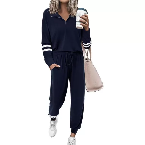 PRETTYGARDEN Womens 2 Piece Outfits Fall Fashion 2024 Striped 14 Zip Pullover Tops Long Sweatpants Tracksuit SetsNavy