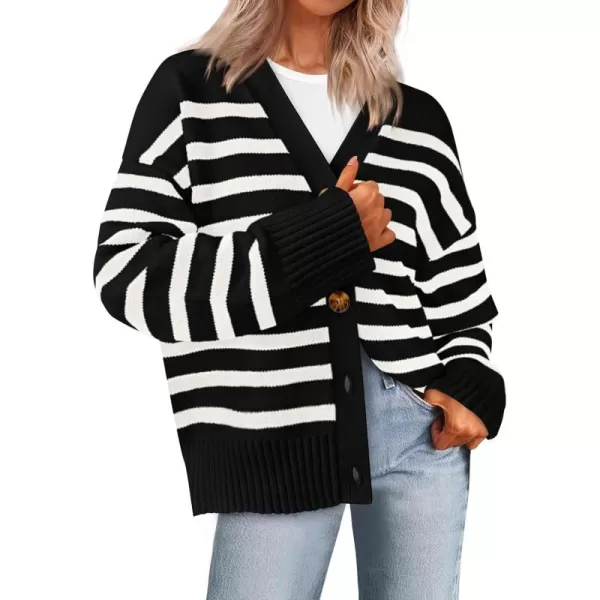 PRETTYGARDEN Womens Long Sleeve Striped Open Front Cardigan Sweaters Button Down Knit Lady Jackets 2024 Fall OutfitsStriped Black White