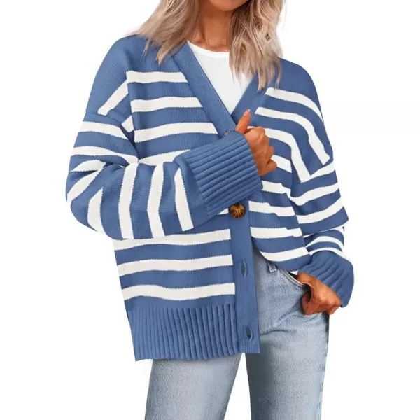 PRETTYGARDEN Womens Long Sleeve Striped Open Front Cardigan Sweaters Button Down Knit Lady Jackets 2024 Fall OutfitsStriped Blue White