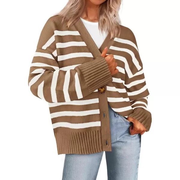 PRETTYGARDEN Womens Long Sleeve Striped Open Front Cardigan Sweaters Button Down Knit Lady Jackets 2024 Fall OutfitsStriped Coffee White