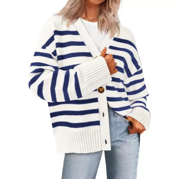 PRETTYGARDEN Womens Long Sleeve Striped Open Front Cardigan Sweaters Button Down Knit Lady Jackets 2024 Fall OutfitsStriped White Dark Blue