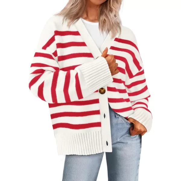 PRETTYGARDEN Womens Long Sleeve Striped Open Front Cardigan Sweaters Button Down Knit Lady Jackets 2024 Fall OutfitsStriped White Red