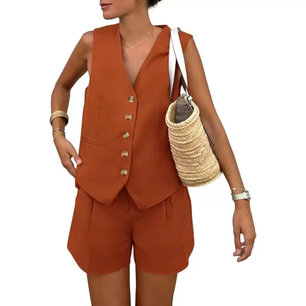 PRETTYGARDEN Womens Summer 2 Piece Outfits Sleeveless Matching Sets Button Down V Neck Vest Waistcoat and Pockets ShortsBrick Red