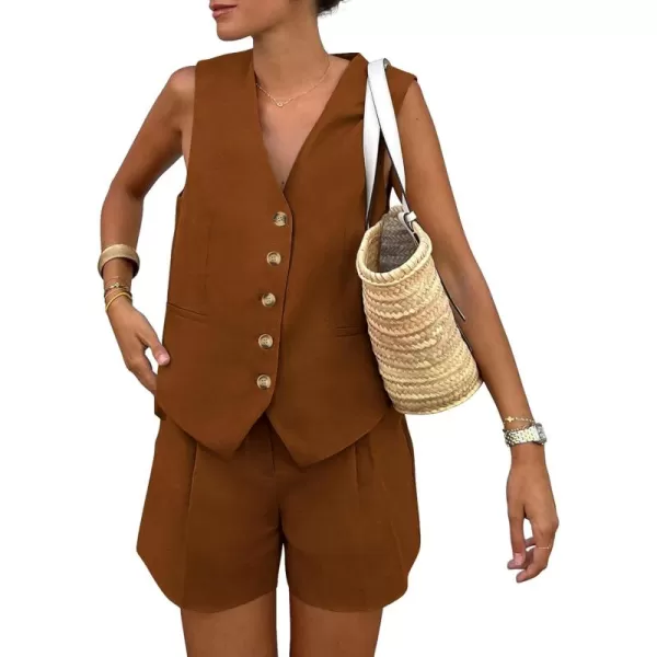 PRETTYGARDEN Womens Summer 2 Piece Outfits Sleeveless Matching Sets Button Down V Neck Vest Waistcoat and Pockets ShortsBrown