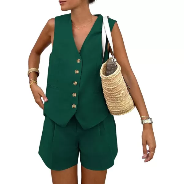 PRETTYGARDEN Womens Summer 2 Piece Outfits Sleeveless Matching Sets Button Down V Neck Vest Waistcoat and Pockets ShortsDark Green