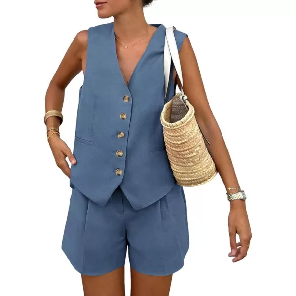 PRETTYGARDEN Womens Summer 2 Piece Outfits Sleeveless Matching Sets Button Down V Neck Vest Waistcoat and Pockets ShortsDenim Blue
