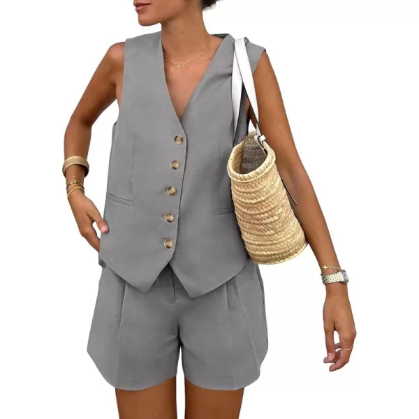 PRETTYGARDEN Womens Summer 2 Piece Outfits Sleeveless Matching Sets Button Down V Neck Vest Waistcoat and Pockets ShortsGrey
