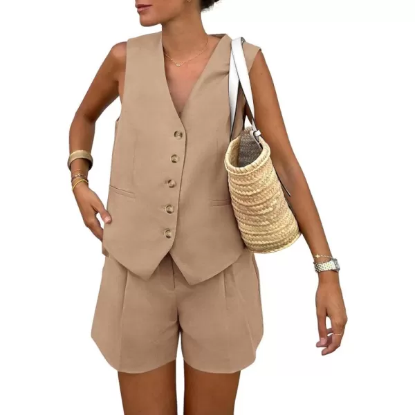 PRETTYGARDEN Womens Summer 2 Piece Outfits Sleeveless Matching Sets Button Down V Neck Vest Waistcoat and Pockets ShortsKhaki