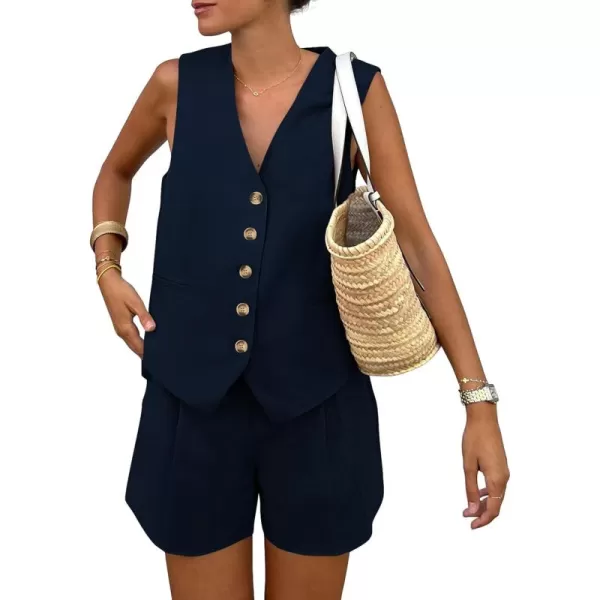 PRETTYGARDEN Womens Summer 2 Piece Outfits Sleeveless Matching Sets Button Down V Neck Vest Waistcoat and Pockets ShortsNavy