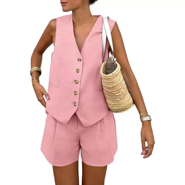 PRETTYGARDEN Womens Summer 2 Piece Outfits Sleeveless Matching Sets Button Down V Neck Vest Waistcoat and Pockets ShortsPink