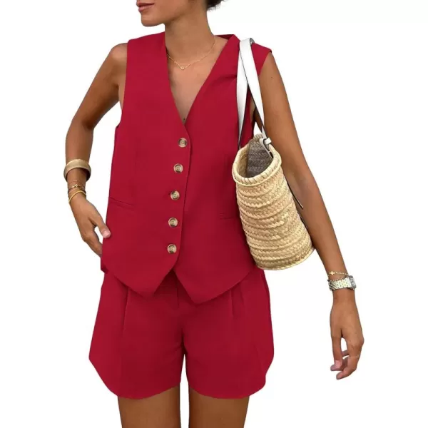 PRETTYGARDEN Womens Summer 2 Piece Outfits Sleeveless Matching Sets Button Down V Neck Vest Waistcoat and Pockets ShortsRed