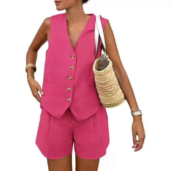 PRETTYGARDEN Womens Summer 2 Piece Outfits Sleeveless Matching Sets Button Down V Neck Vest Waistcoat and Pockets ShortsRose Red