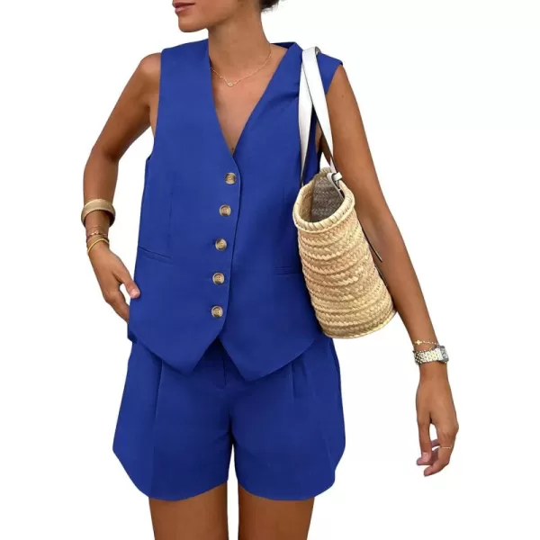 PRETTYGARDEN Womens Summer 2 Piece Outfits Sleeveless Matching Sets Button Down V Neck Vest Waistcoat and Pockets ShortsRoyal Blue