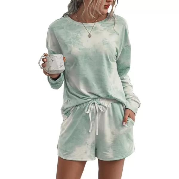 PRETTYGARDEN Womens Tie Dye Printed Pajamas Set Casual Long Sleeve Tops with Lounge Shorts Two Piece SleepwearGreen
