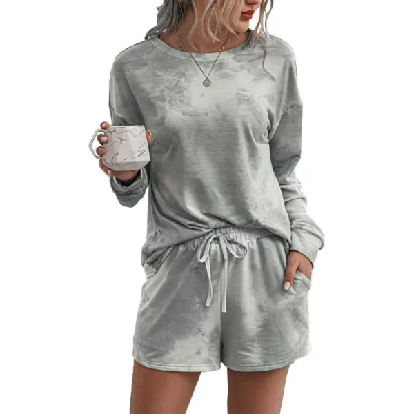 PRETTYGARDEN Womens Tie Dye Printed Pajamas Set Casual Long Sleeve Tops with Lounge Shorts Two Piece SleepwearGrey