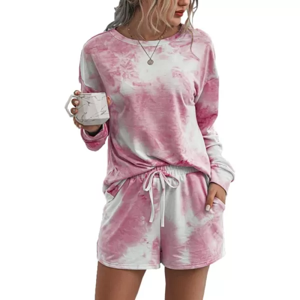 PRETTYGARDEN Womens Tie Dye Printed Pajamas Set Casual Long Sleeve Tops with Lounge Shorts Two Piece SleepwearPink
