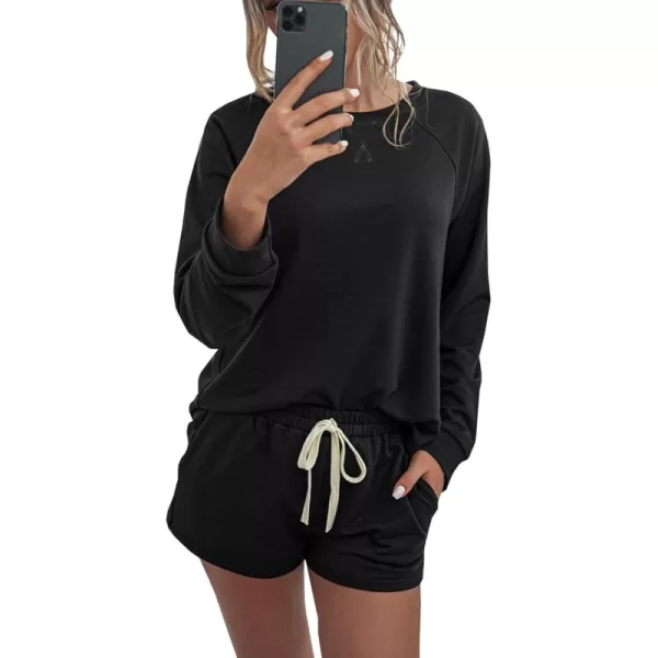 PRETTYGARDEN Womens Tie Dye Printed Pajamas Set Casual Long Sleeve Tops with Lounge Shorts Two Piece SleepwearSolid Black