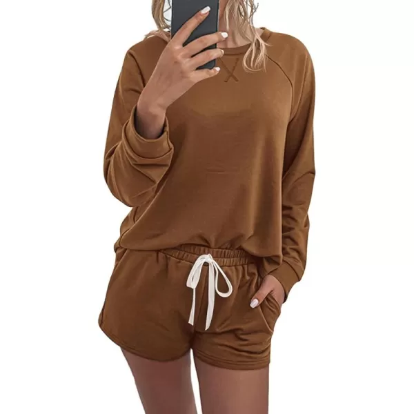 PRETTYGARDEN Womens Tie Dye Printed Pajamas Set Casual Long Sleeve Tops with Lounge Shorts Two Piece SleepwearSolid Brown