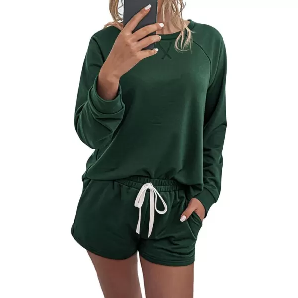 PRETTYGARDEN Womens Tie Dye Printed Pajamas Set Casual Long Sleeve Tops with Lounge Shorts Two Piece SleepwearSolid Dark Green