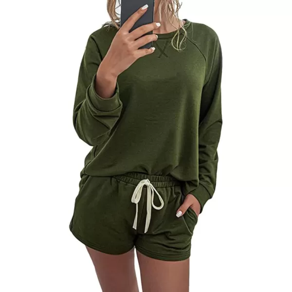 PRETTYGARDEN Womens Tie Dye Printed Pajamas Set Casual Long Sleeve Tops with Lounge Shorts Two Piece SleepwearSolid Green