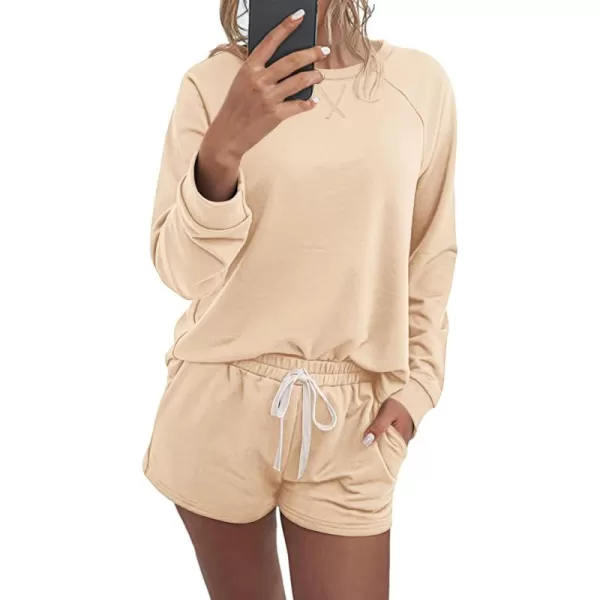 PRETTYGARDEN Womens Tie Dye Printed Pajamas Set Casual Long Sleeve Tops with Lounge Shorts Two Piece SleepwearSolid Khaki