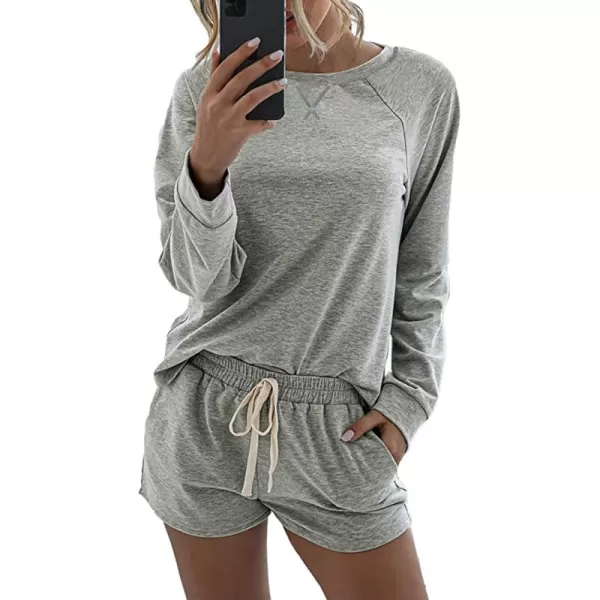 PRETTYGARDEN Womens Tie Dye Printed Pajamas Set Casual Long Sleeve Tops with Lounge Shorts Two Piece SleepwearSolid Light Grey