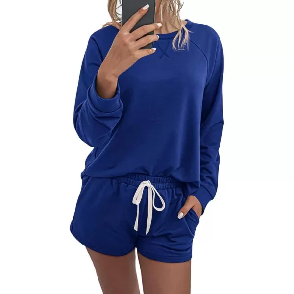 PRETTYGARDEN Womens Tie Dye Printed Pajamas Set Casual Long Sleeve Tops with Lounge Shorts Two Piece SleepwearSolid Royal Blue