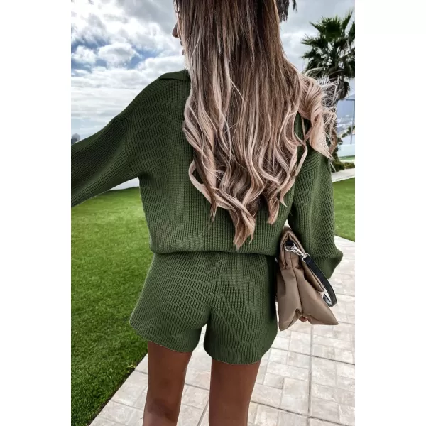 PRETTYGARDEN Womens 2 Piece Outfits 2024 Winter Long Sleeve V Neck Knit Pullover And Shorts Sweater Tracksuit SetsArmy Green