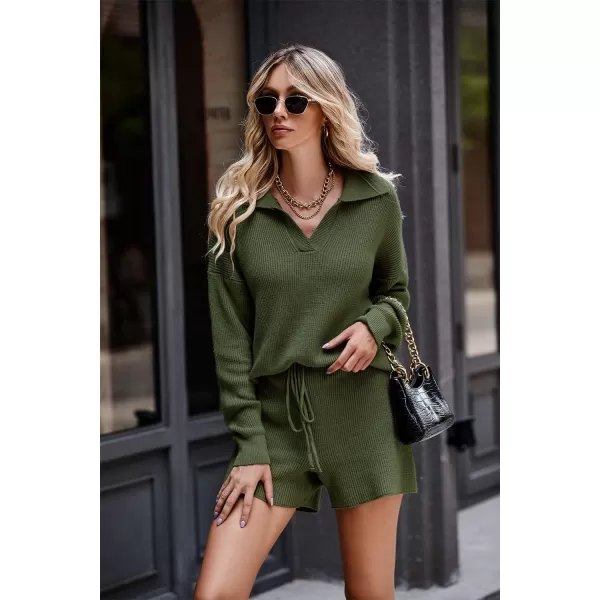 PRETTYGARDEN Womens 2 Piece Outfits 2024 Winter Long Sleeve V Neck Knit Pullover And Shorts Sweater Tracksuit SetsArmy Green
