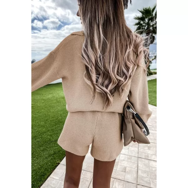 PRETTYGARDEN Womens 2 Piece Outfits 2024 Winter Long Sleeve V Neck Knit Pullover And Shorts Sweater Tracksuit SetsBeige Apricot