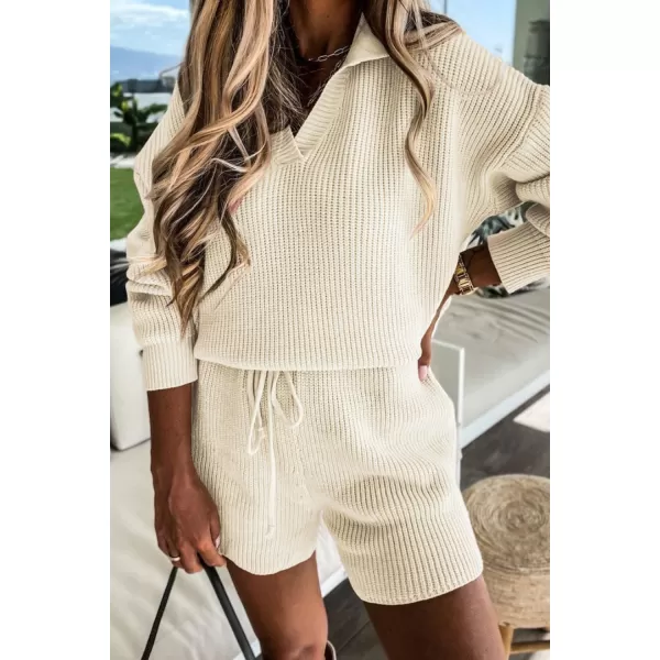 PRETTYGARDEN Womens 2 Piece Outfits 2024 Winter Long Sleeve V Neck Knit Pullover And Shorts Sweater Tracksuit SetsBeige White