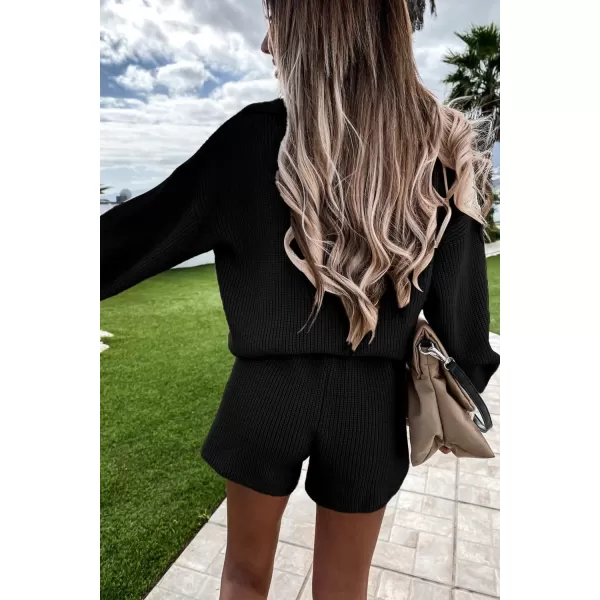 PRETTYGARDEN Womens 2 Piece Outfits 2024 Winter Long Sleeve V Neck Knit Pullover And Shorts Sweater Tracksuit SetsBlack