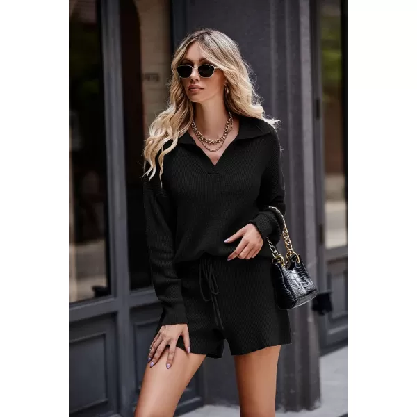 PRETTYGARDEN Womens 2 Piece Outfits 2024 Winter Long Sleeve V Neck Knit Pullover And Shorts Sweater Tracksuit SetsBlack