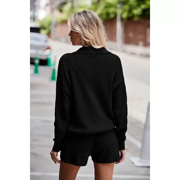 PRETTYGARDEN Womens 2 Piece Outfits 2024 Winter Long Sleeve V Neck Knit Pullover And Shorts Sweater Tracksuit SetsBlack