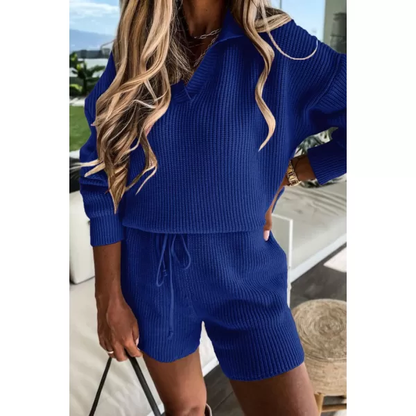 PRETTYGARDEN Womens 2 Piece Outfits 2024 Winter Long Sleeve V Neck Knit Pullover And Shorts Sweater Tracksuit SetsBlue