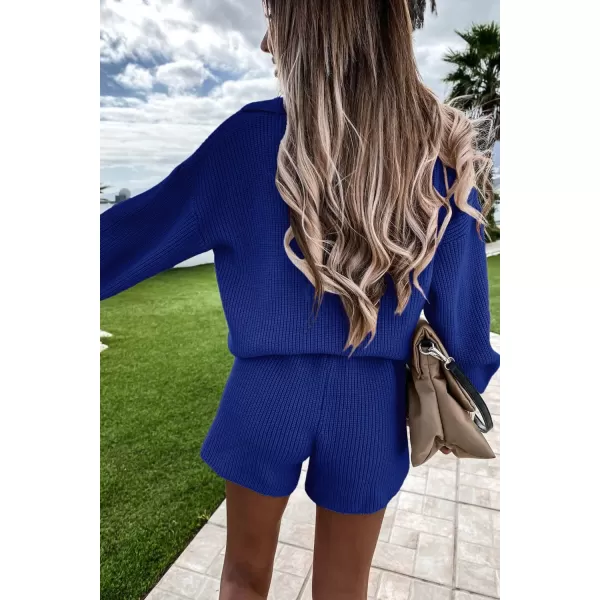PRETTYGARDEN Womens 2 Piece Outfits 2024 Winter Long Sleeve V Neck Knit Pullover And Shorts Sweater Tracksuit SetsBlue