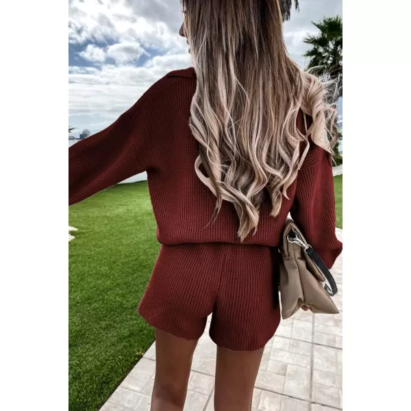PRETTYGARDEN Womens 2 Piece Outfits 2024 Winter Long Sleeve V Neck Knit Pullover And Shorts Sweater Tracksuit SetsCaramel