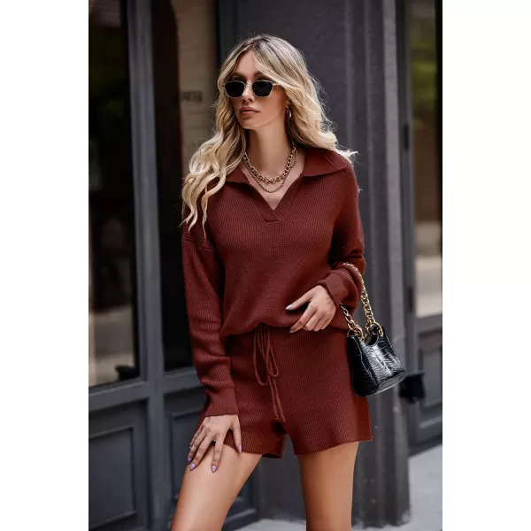 PRETTYGARDEN Womens 2 Piece Outfits 2024 Winter Long Sleeve V Neck Knit Pullover And Shorts Sweater Tracksuit SetsCaramel